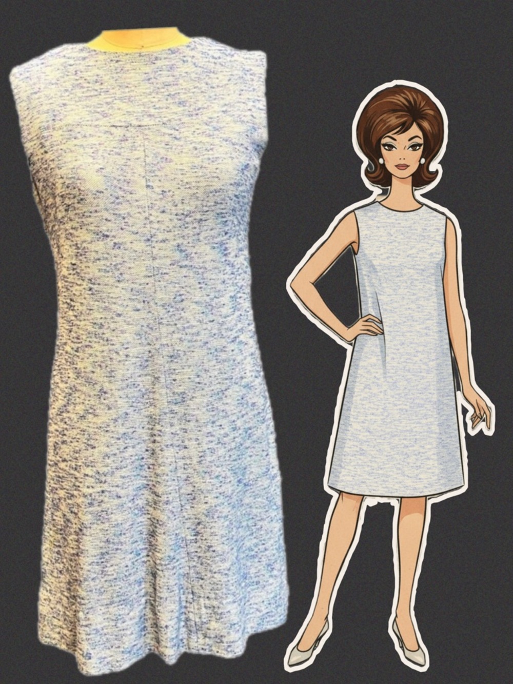VINTAGE MOD nubby textured midi dress sleeveless space dyed mid century 60s‎ 70s